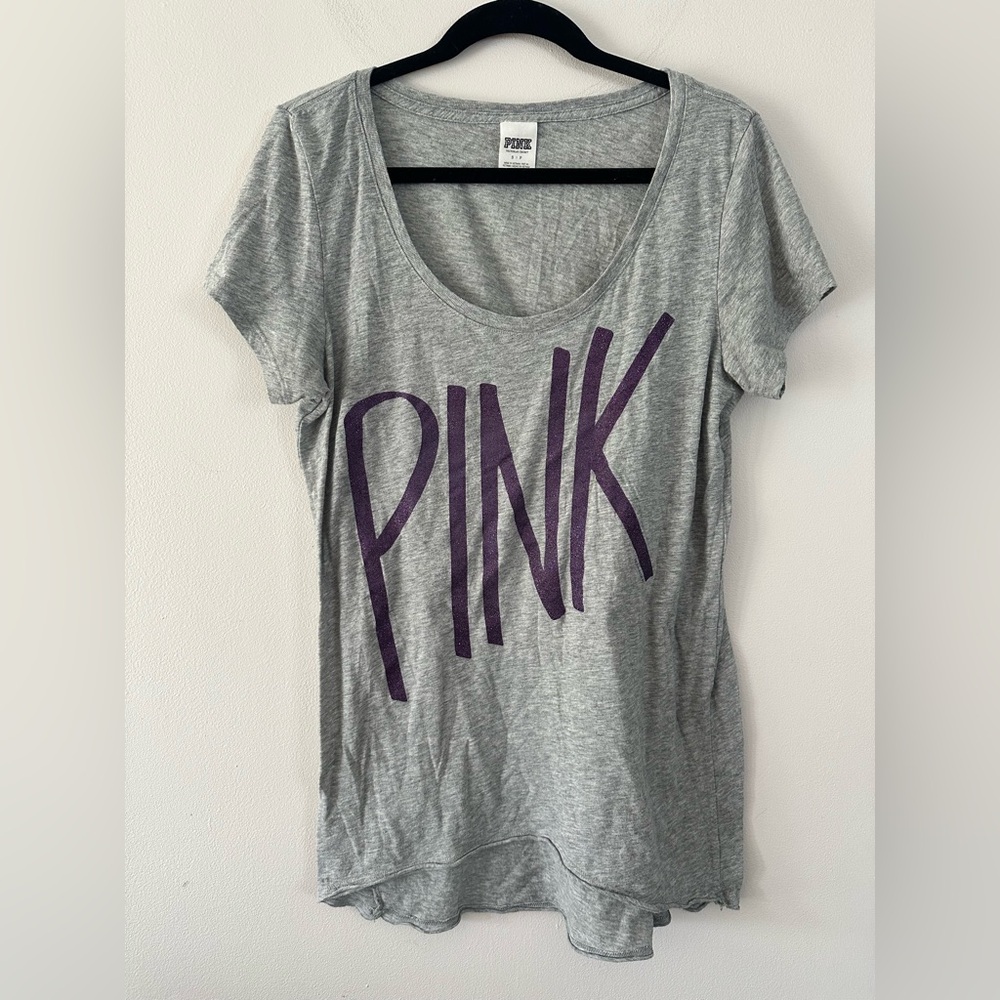 PINK Victoria's Secret Gray Short Sleeve Tee with Purple Logo